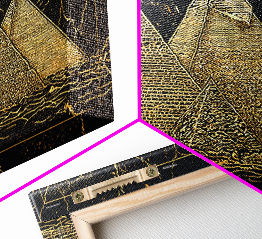 Golden Line Egyptian Pyramids Wall Art, Black Gold Canvas Print, Ancient African Artwork, Luxury Cultural Home Decor Gift