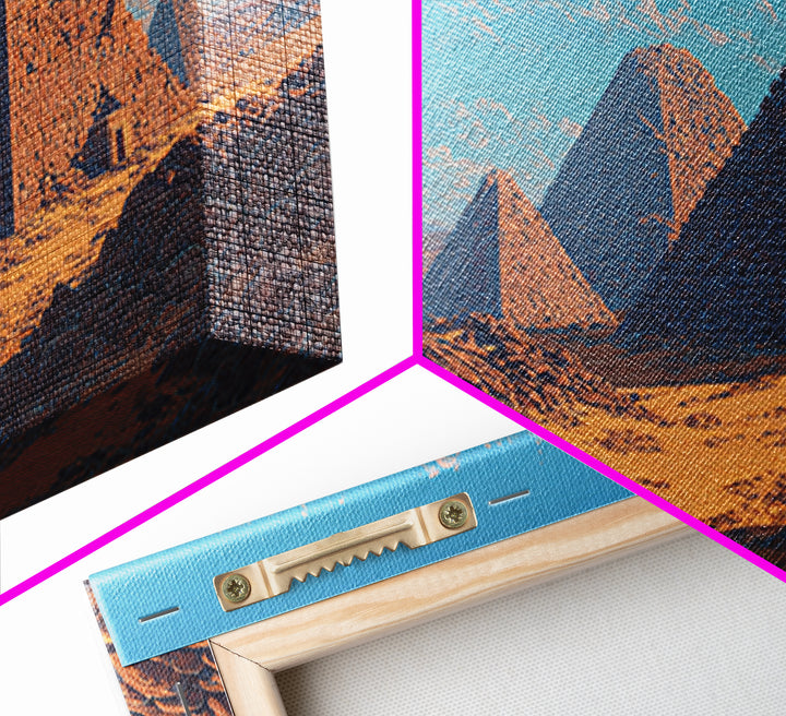 Blue Sky Giza Pyramids Wall Art, Egyptian Desert Landscape Canvas Print, Ancient African Art, Warm Cultural Decor Gift For Her