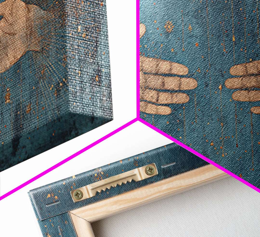 Two Open Hands With Golden Stars Teal Wall Art, Spiritual Wall Art, Mystical Wall Art, Feminine Wall Art, Unique Home Decor