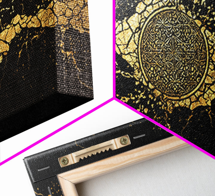 Black And Gold Medallion Canvas Print, Luxury Abstract Wall Decor, Cracked Marble Texture, Elegant Statement Home Decor Gift