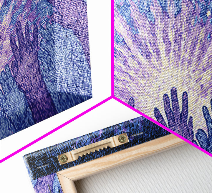 Hands Reaching Toward Light Wall Art, Mystical Spiritual Canvas Decor, Blue Purple Starburst, Dreamy Meditation Gift For Home