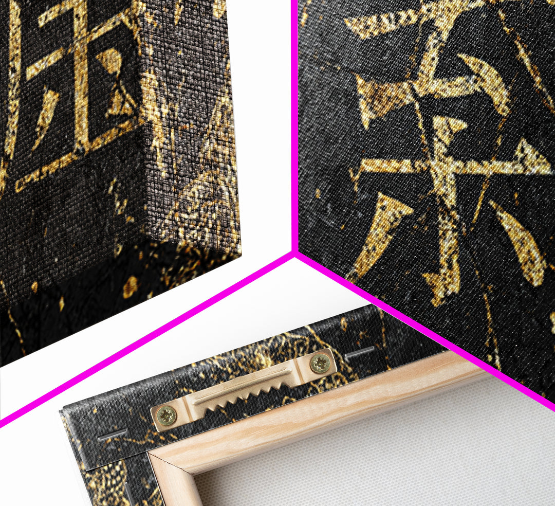 Gold Chinese Calligraphy Wall Art, Black And Gold Cultural Decor, Cracked Stone Texture, Elegant Office Statement Gift For Home