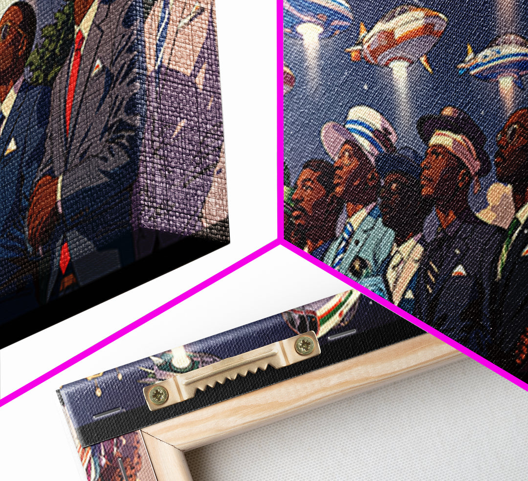Afrofuturist Skywatchers Canvas Print, Black Men In Suits With Ufo Ships, Modern Afro Wall Decor, Unique Sci Fi Statement Home Decor Gift
