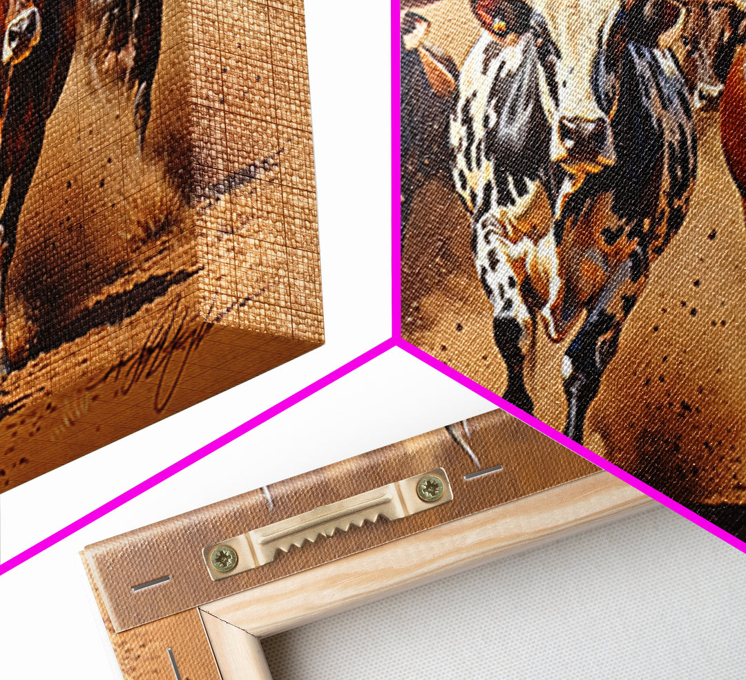Charging Longhorn Cattle Canvas Print, African Safari Animal Art, Rustic Western Wall Art, Brown Dusty Ranch Home Decor Gift