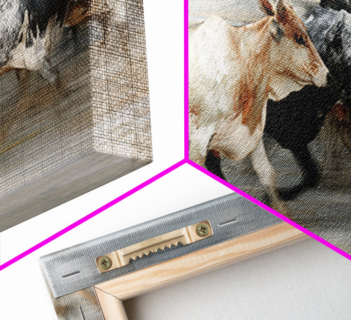 Blurred Running Cattle Herd Canvas Print, African Safari Wall Art, Modern Animal Painting, Neutral Rustic Living Room Decor