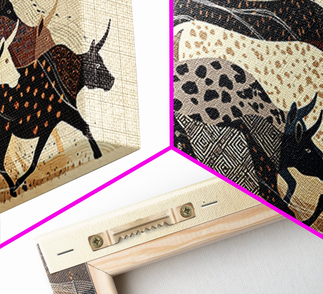 Patterned Cattle Herd Wall Art, Boho African Animal Art, Tribal Textile Canvas Print, Earth Tone Safari Unique Home Decor Gift