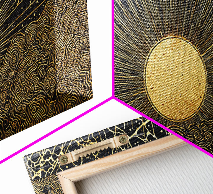 Golden Sunburst Over Black Waves Wall Art, African Inspired Abstract, Black And Gold Decor, Luxury Canvas For Living Room