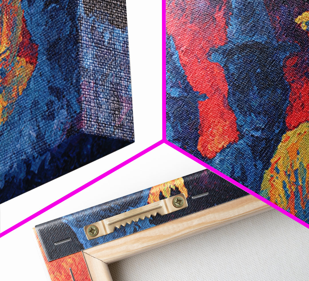 Fiery Blue And Gold Figures Framed Canvas Print, African Warrior Art, Bold Abstract Black Art, Vibrant Statement Home Decor