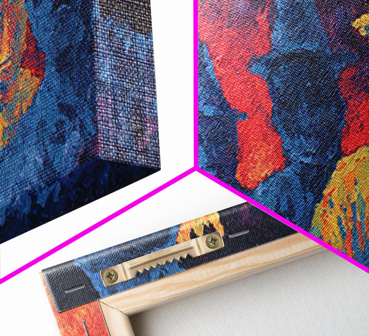 Fiery Blue And Gold Figures Framed Canvas Print, African Warrior Art, Bold Abstract Black Art, Vibrant Statement Home Decor
