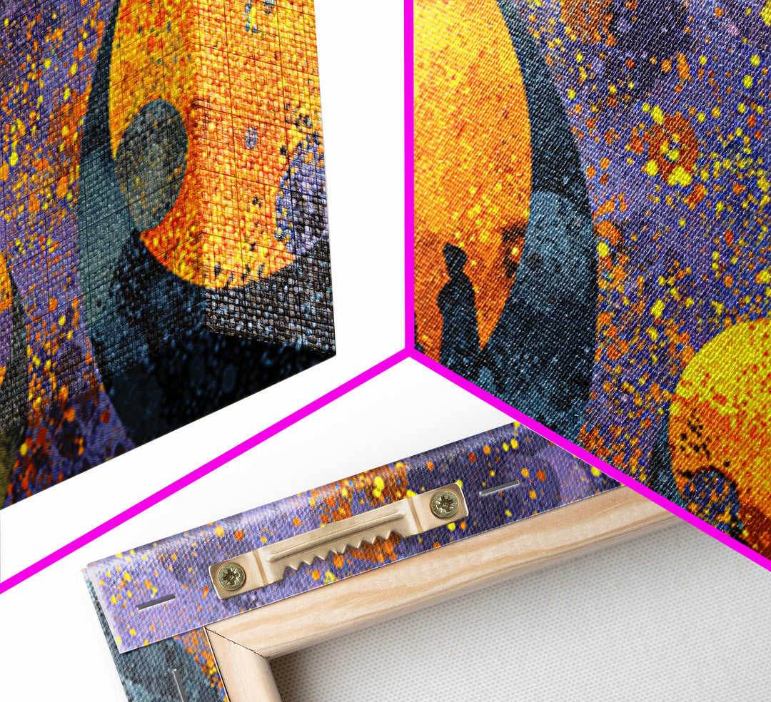 Orange Moon Figures Wall Art, African Inspired Abstract Landscape, Black Silhouette Home Decor, Afrofuturism Canvas Print