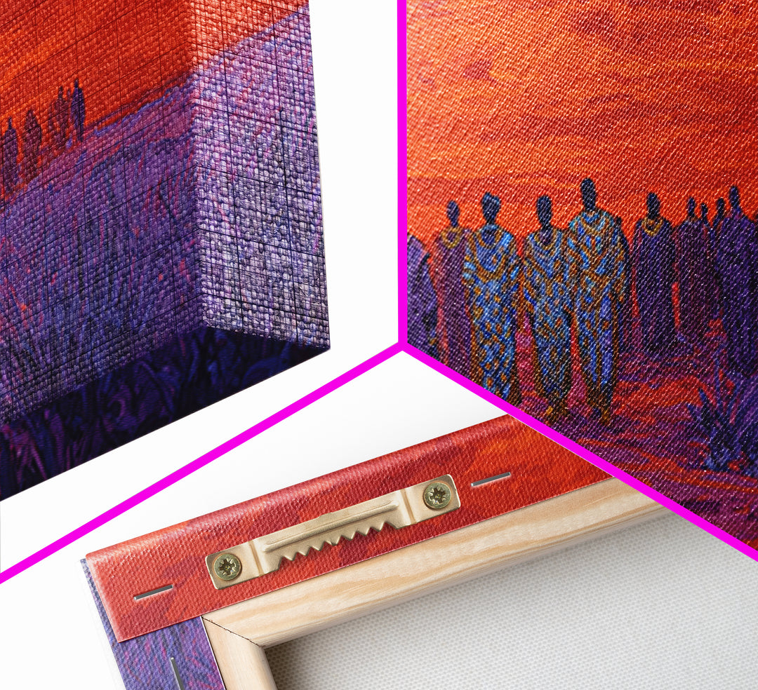 African Procession Under Orange Sun Framed Canvas Print, African Women Art, Cultural Wall Decor, Afrocentric Home Decor Gift