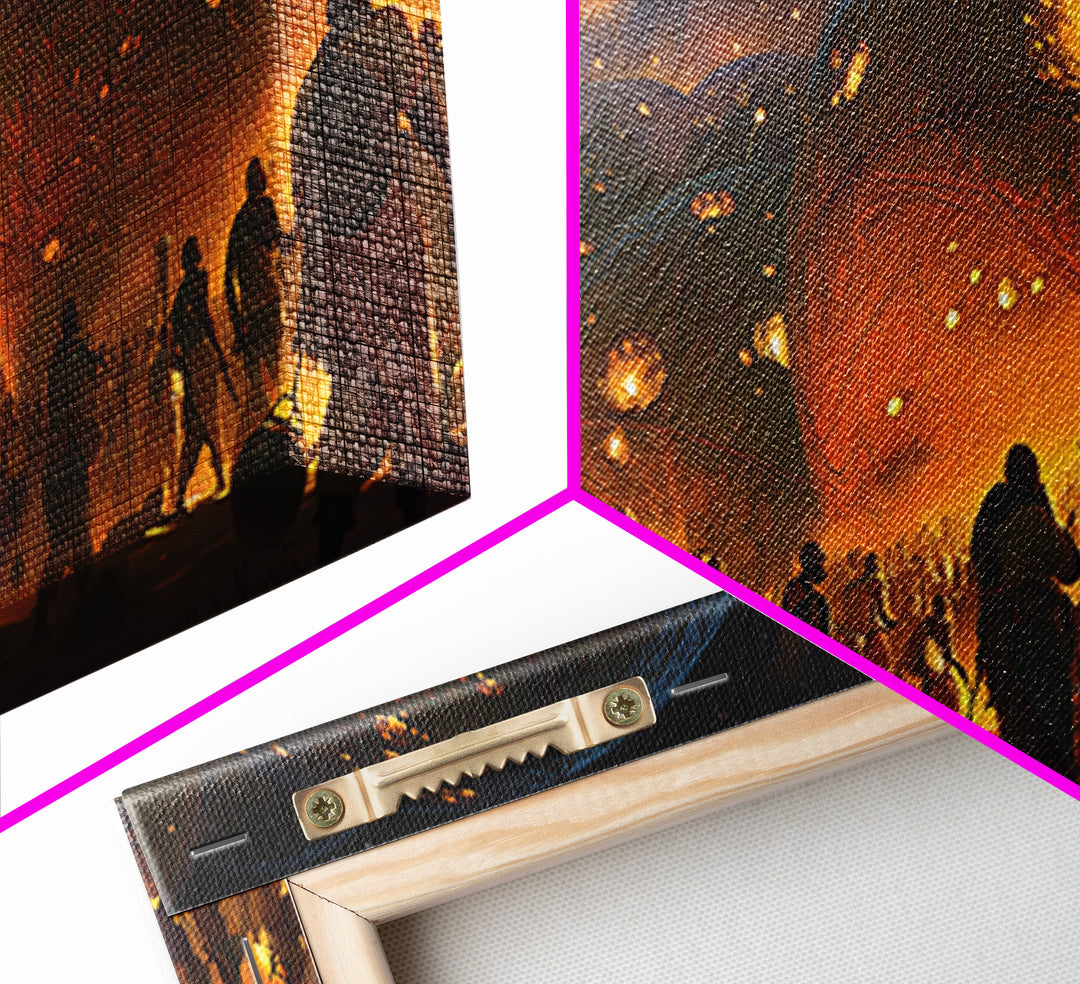 Fiery Afrofuturist Dome Village Wall Art, Modern African Art, Black Culture Art, Statement Canvas Decor For Living Room Gift