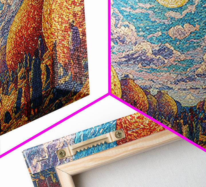 Golden Woven Village And Blue Sky Wall Art, African Landscape, Cultural Art Print, Boho African Home Decor Gift For Living Room