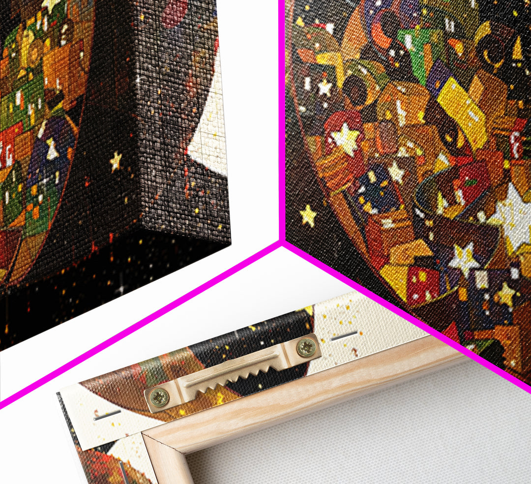 Celestial Crescent Star Village Wall Art, African Inspired Abstract, Black Gold Canvas Print, Whimsical Boho Decor Gift For Her