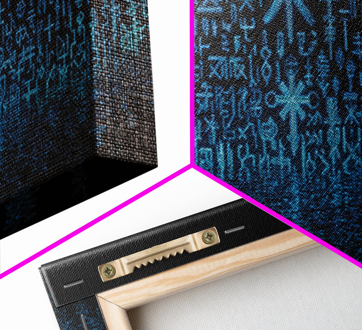 Blue Glowing Ancestral Symbols Over Water Canvas Print, African Abstract Art, Spiritual Wall Art, Mystical Wall Decor Gift