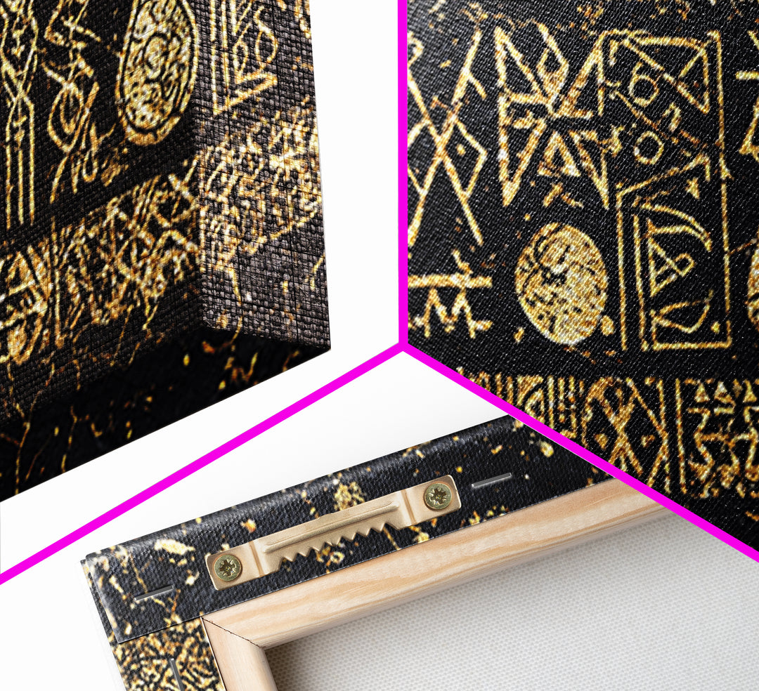 Ancient Gold Tribal Symbols On Black Stone Wall Art, African Tribal Art, Cultural Wall Decor, Textured Canvas Print Gift