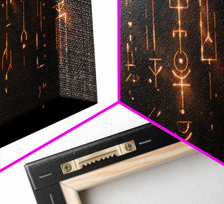 Glowing Ancestral Symbols Wall Art, African Inspired Abstract Canvas, Spiritual Black Gold Decor, Mystic Tribal Art Print