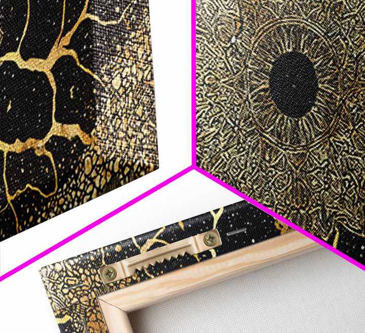 Golden Mandala Cosmos Wall Art, Black And Gold Abstract African Inspired Decor, Spiritual Geometric Canvas Print For Living Room