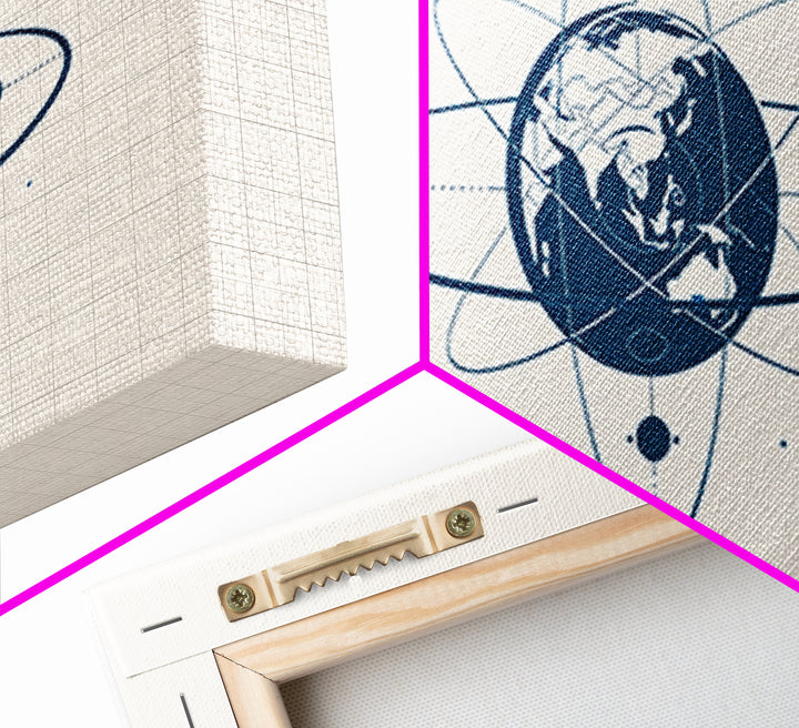 Blue Earth Atom Wall Art, Minimalist Globe Orbit Illustration, Science Inspired Canvas Print, Modern Office Decor For Home
