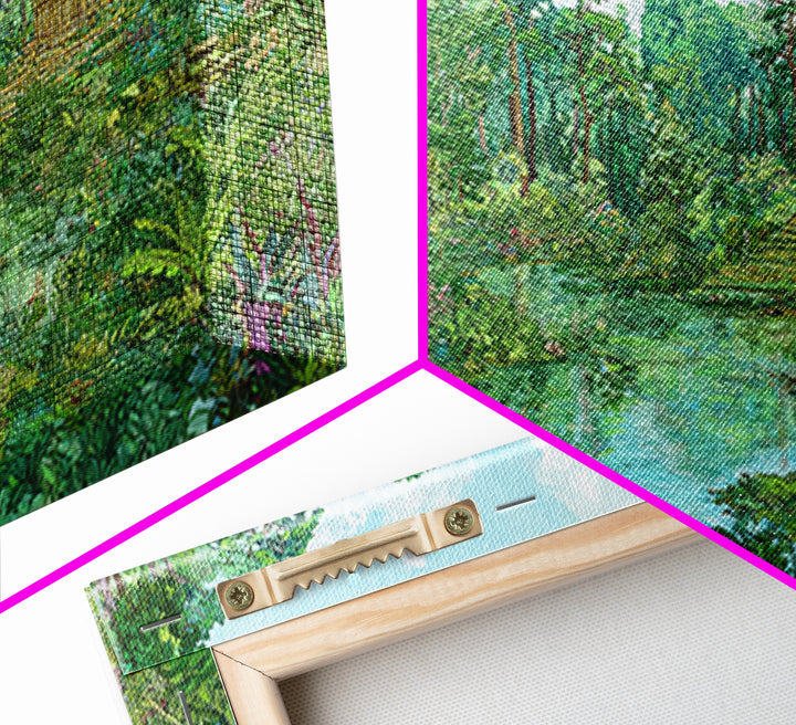 Lush Jungle Temple Wall Art, Tropical Lagoon Landscape, Green Nature Canvas Print, Serene Boho Home Decor Gift For Living Room