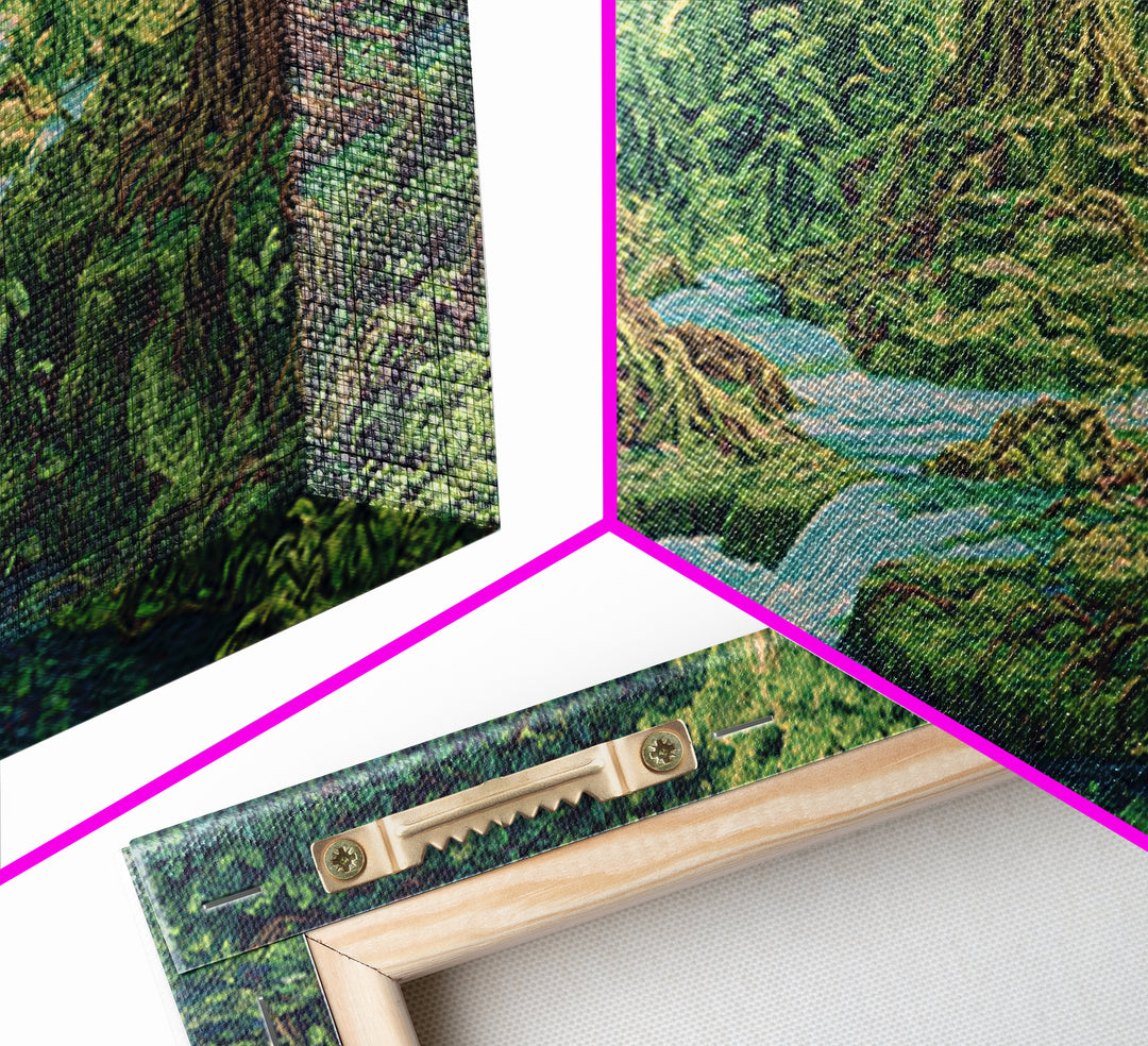 Ancient Jungle Stream Canvas Print, Fantasy Forest Ruins, Green Nature Wall Art, Tropical Landscape Decor For Living Room