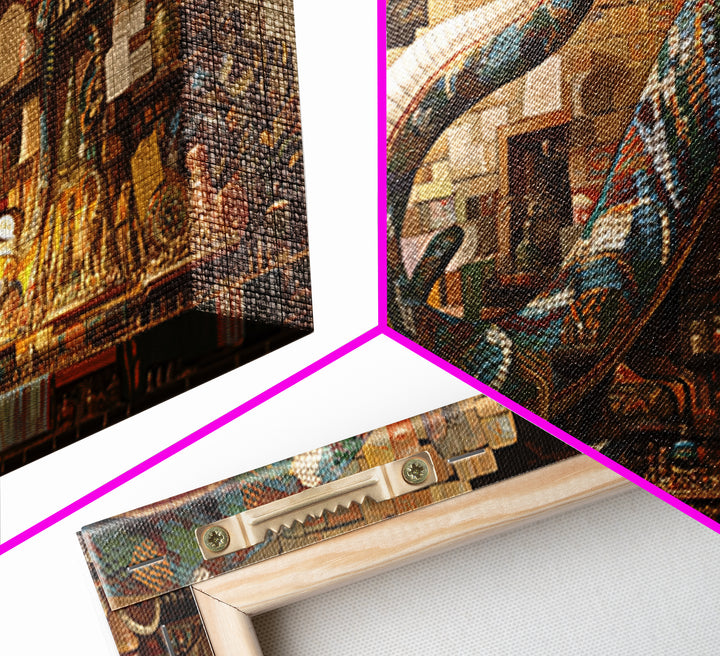 Jeweled Giant Serpents In Antique Market Canvas Print, Mystical African Inspired Wall Art, Exotic Boho Decor, Unique Gift