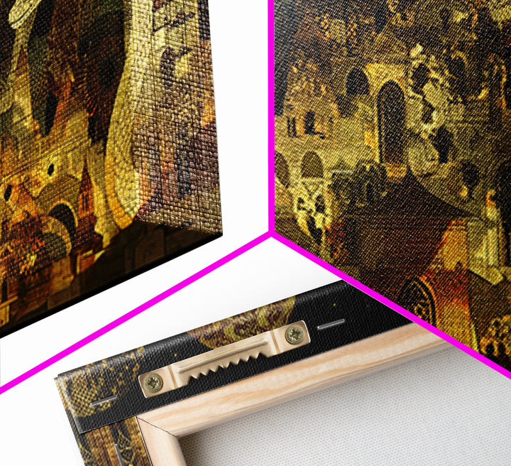 Golden Serpents Over Palace City Wall Art, Mystical African Inspired Canvas Print, Black Gold Decor, Fantasy Statement Gift