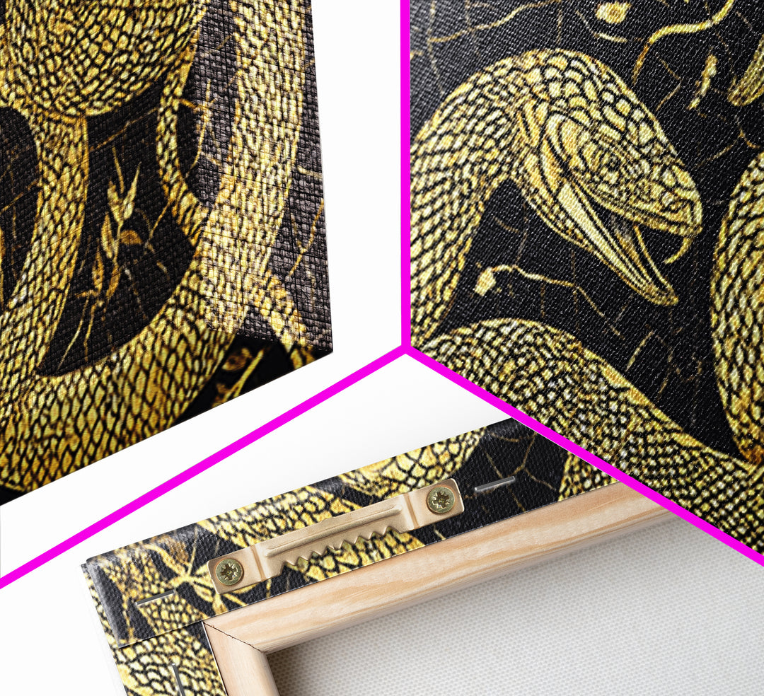Gold Serpent Botanical Canvas Print, Black And Gold Snake Wall Art, African Inspired Luxury Decor For Bedroom And Office