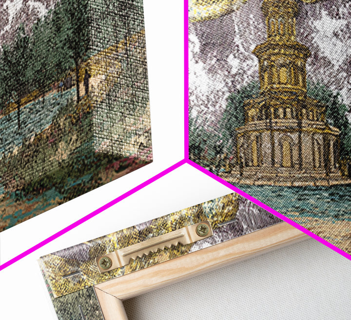 Golden Serpents Over Palace Gardens Wall Art, Surreal Botanical Landscape, Luxury Canvas Print For Elegant Home Decor Gift