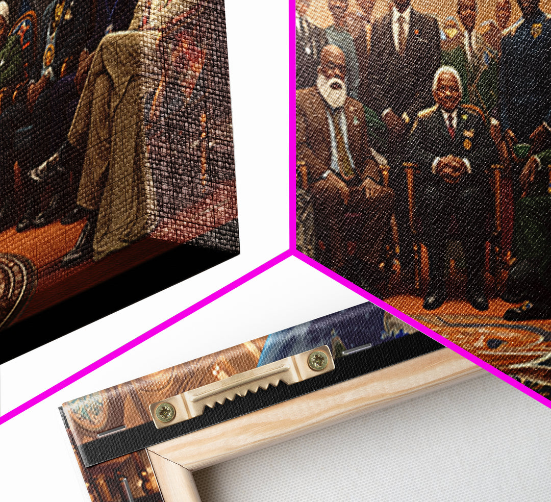 Pan African Council Under Globe Framed Canvas Print, Black Culture Wall Art, African American Leaders Office Decor Gifts