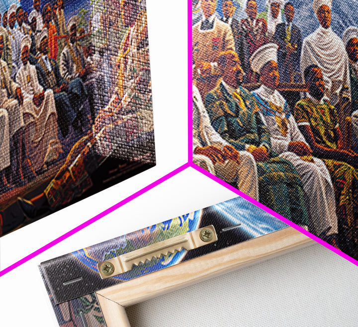 Pan African Assembly Beneath Planets Framed Canvas Print, African Wall Art, Black History Art, Afrocentric Cultural Home Decor