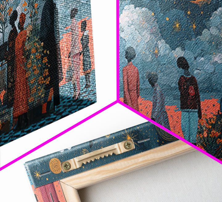 Starry Ancestral Gathering Beneath Clouded Sky Framed Canvas Print, African Wall Art, Spiritual Black Culture Decor Gift