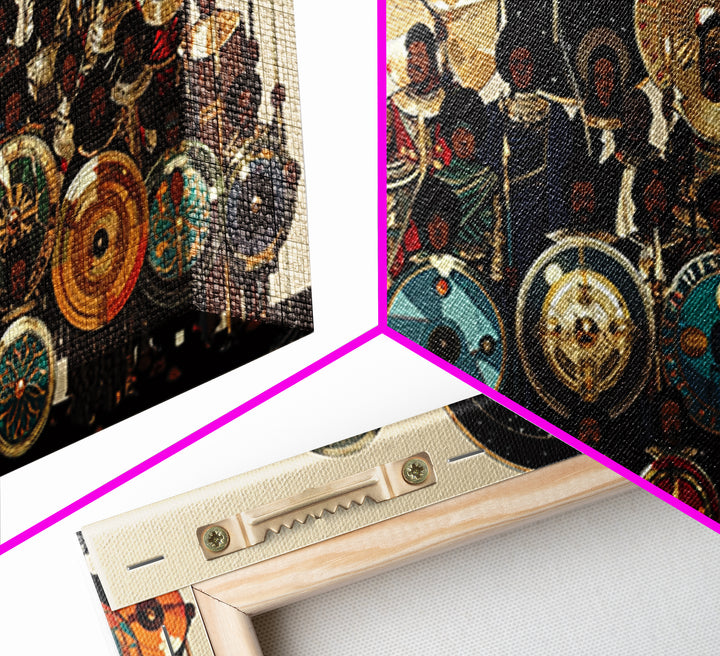 Regal African Shield Bearers With Tribal Parasols Framed Canvas Print, African Warrior Art, Black Culture Wall Decor Gift