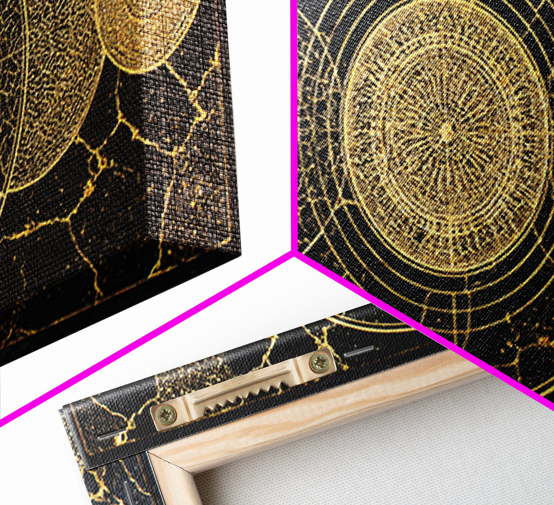 Golden Lunar Phases Celestial Geometry Wall Art, Black And Gold Abstract African Inspired Decor, Mystic Boho Canvas Print