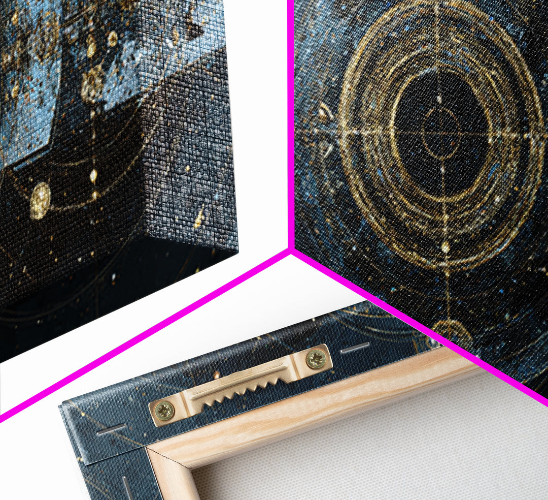 Blue Gold Cosmic Portal Canvas Print, Abstract Wall Art With Sacred Geometry, Modern Luxury Decor For Living Room And Office