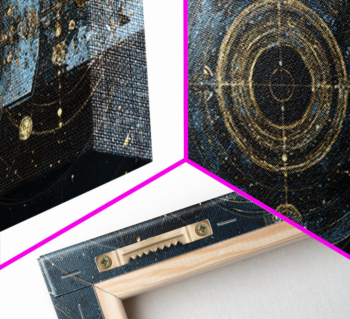 Blue Gold Cosmic Portal Canvas Print, Abstract Wall Art With Sacred Geometry, Modern Luxury Decor For Living Room And Office