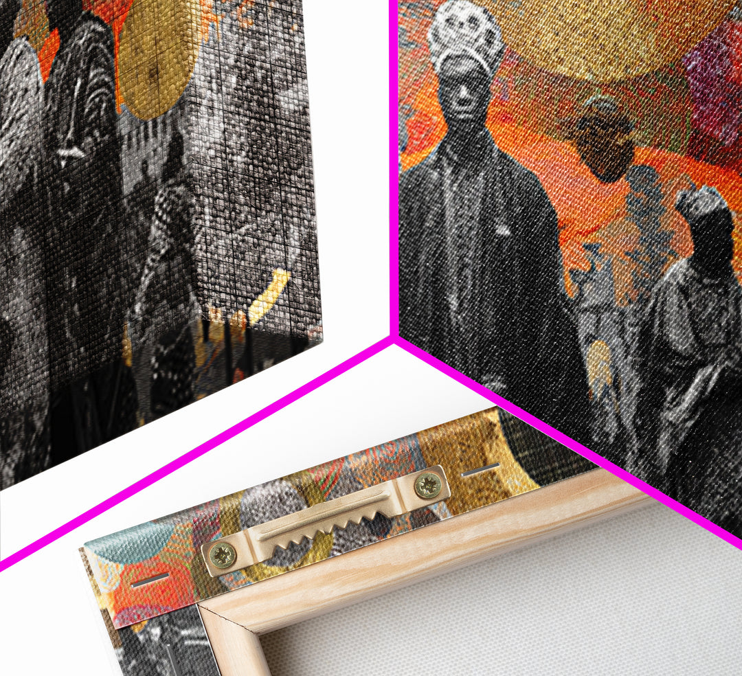 Royal African Figures Under Baobab Sun Wall Art, Afrocentric Black Culture Art, Gold Collage Canvas Print For Elegant Home Decor