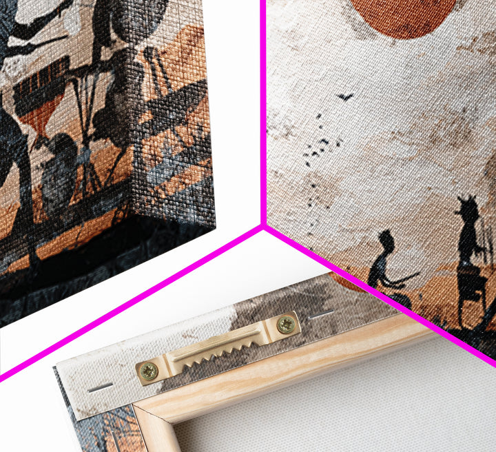 Drumming Village Family Silhouettes Canvas Print, African Wall Art, Tribal Music Decor, Afrocentric Living Room Artwork Gift