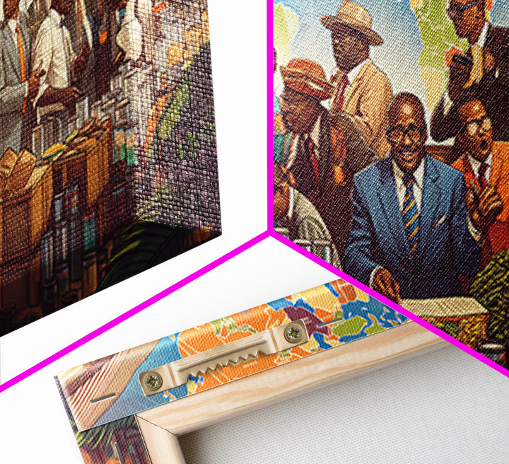 African Market Trade Scene Canvas Print, Pan African Map Wall Decor, Black History Art, Cultural Office Decor Gift For Him
