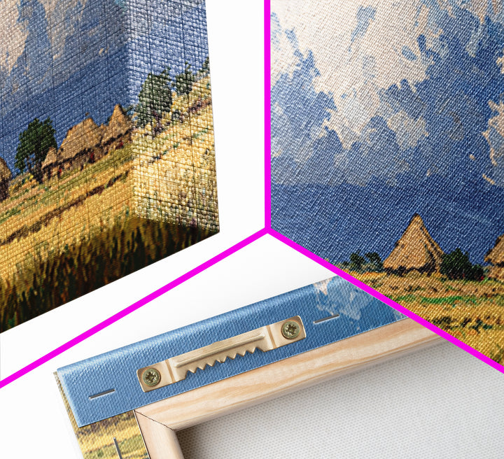 Thatched Village Under White Clouds Canvas Print, African Landscape, Rustic Decor, Cultural Wall Decor, Living Room Art Gift