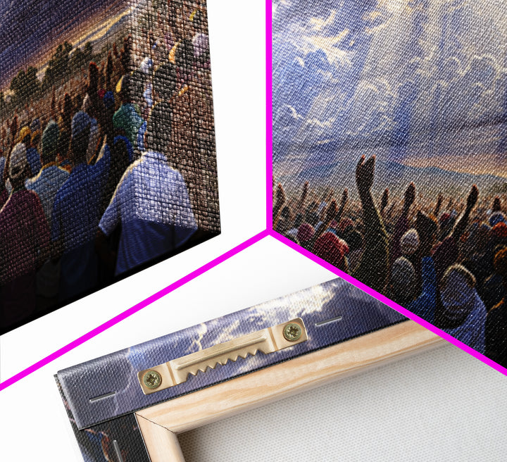 Hopeful African Gathering With Raised Hands Framed Canvas Print, Heavenly Storm Clouds Wall Art, Black Culture Decor Gift