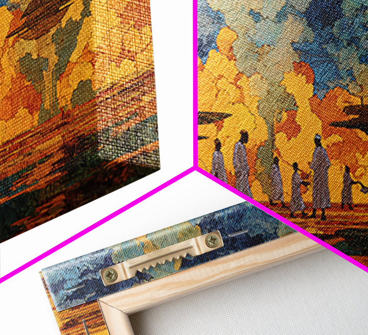 Golden African Village Scene Wall Art, Modern African Art Print, Cultural Landscape, Warm Earth Tone Living Room Decor Gift