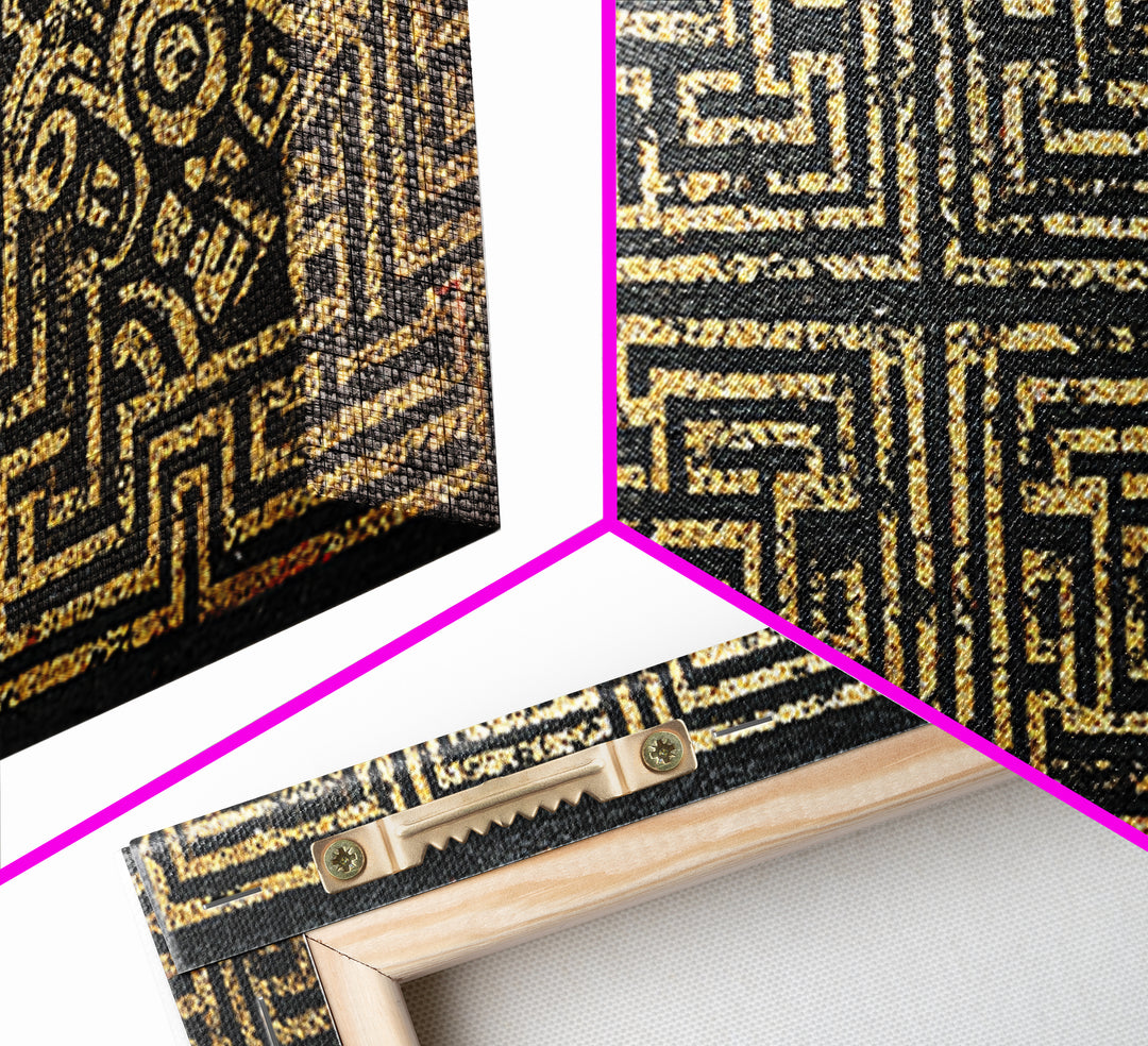 Black And Gold African Tribal Maze Canvas Print, Kuba Inspired Pattern Art, Ethnic Wall Decor, Bold Geometric Home Decor