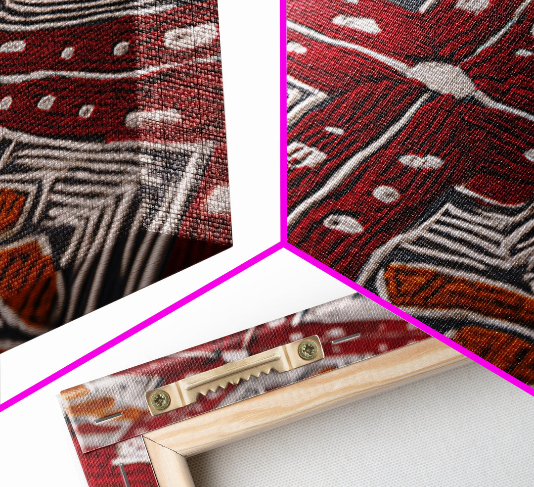 Red African Embroidered Textile Framed Canvas Print, Ankara Fabric Wall Decor, Tribal Pattern Art, Bold Cultural Home Decor