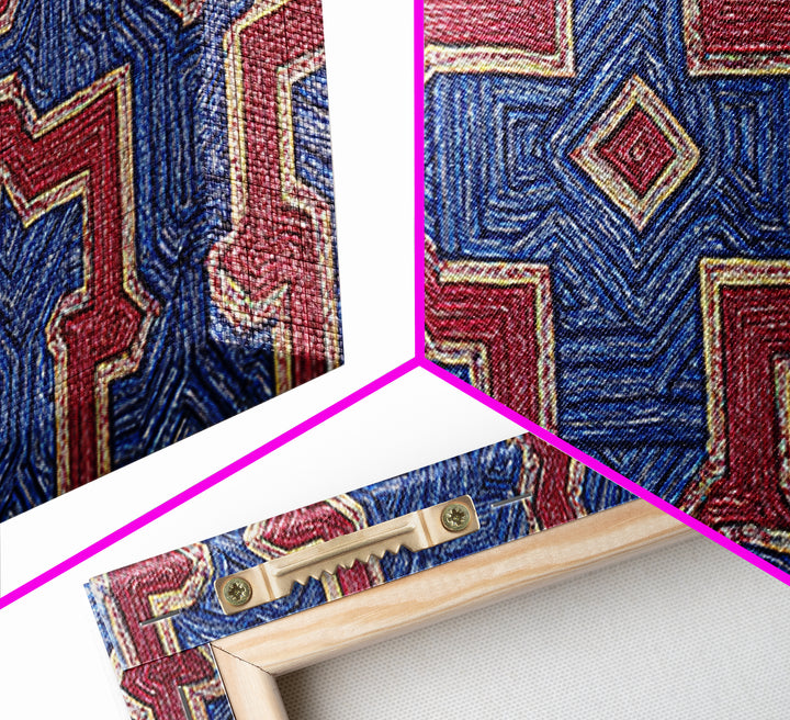 Red Blue Kuba Geometric Textile Pattern Wall Art, African Fabric Print, Tribal Decor, Modern African Art For Living Room