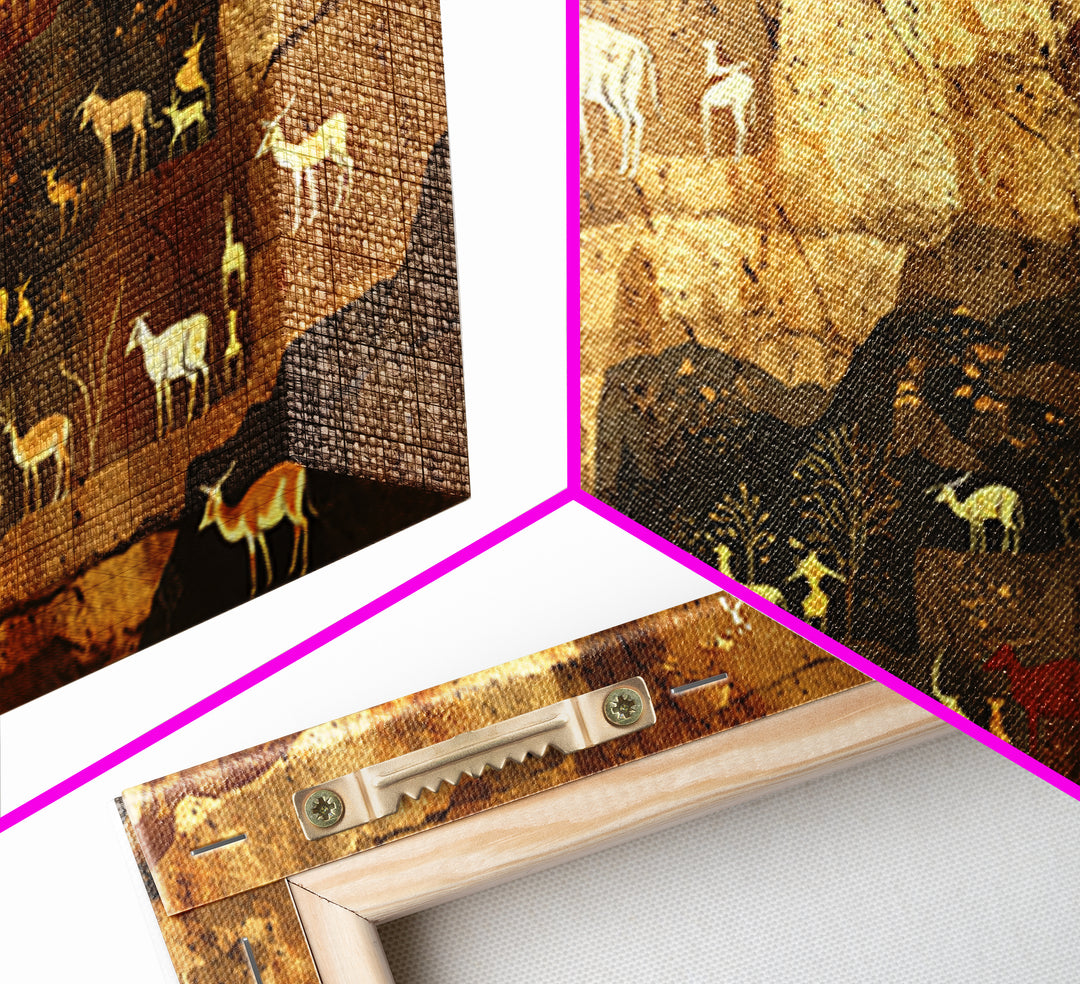 Ochre Cave Herd Rock Painting Canvas Print, African Animal Art, Tribal Wall Decor, Ancient Safari Artwork For Earth Tone Home