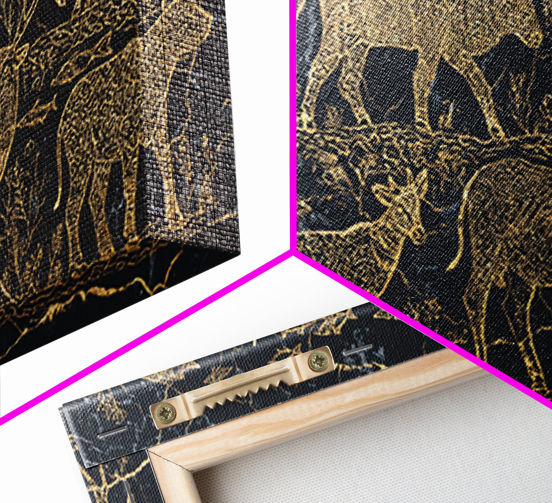 Gold Safari Animal Linework With Elephants And Giraffes Wall Art, African Safari Art, Black And Gold Art, Living Room Decor