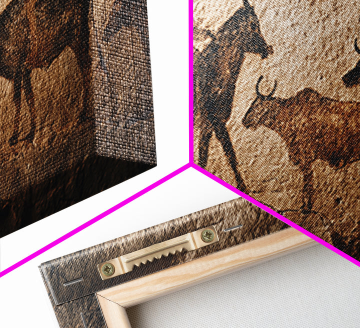 Ancient Cave Painting With Riders And Cattle Canvas Print, African Rock Art, Tribal Wall Decor, Rustic Home Decor Gift Idea