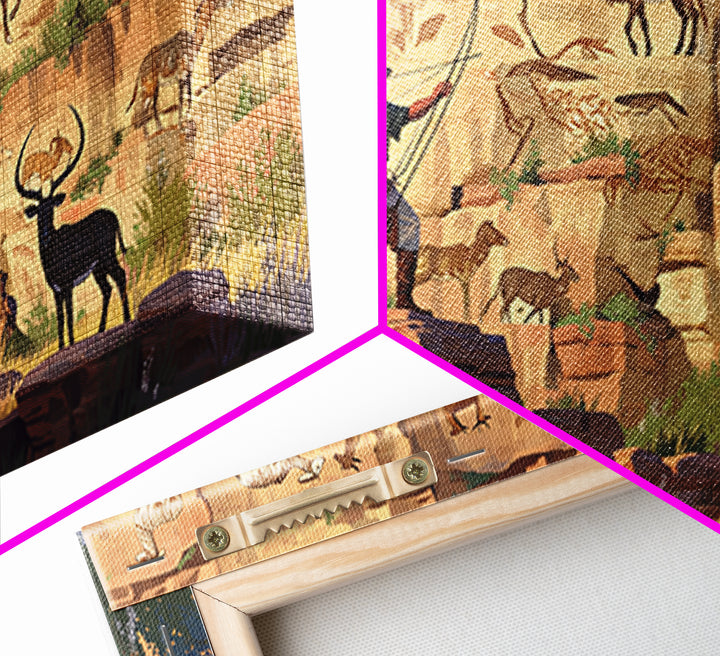 Desert Canyon Pictographs With Explorer And Antelope Canvas Print, African Inspired Rock Art, Safari Wall Decor Gift For Him