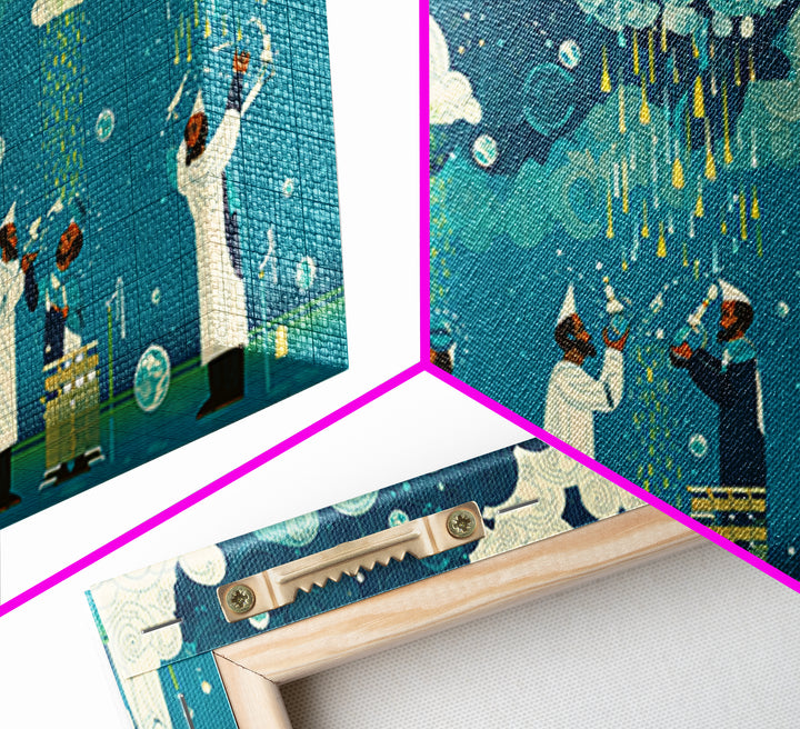 Scientists Harvesting Rain From Patterned Clouds Wall Art, Contemporary Art, Teal And Yellow Art, Modern Office Decor Gift